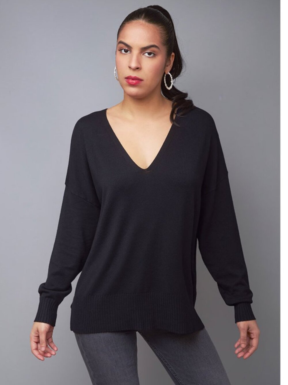Black V-Neck Knit Sweater Top